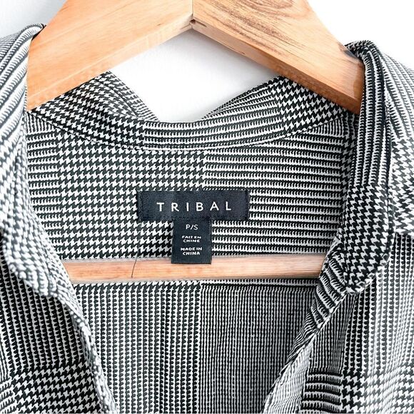Tribal Tunic Blouse Houndstooth Soft Black White V-Neck Women's S Stretchy - Picture 3 of 8